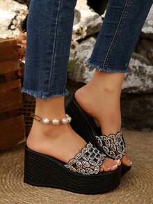 女士蝴蝶结装饰厚底坡跟拖鞋，轻便露趾凉鞋，适合沙滩、休闲和户外活动 - 黑色 - 查看 7