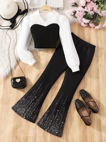 Girls Elegant Color Block Shirt Collar Top And Fashionable Retro Sequin Flare Pants Set, Suitable For Spring And Autumn - Black - View 1
