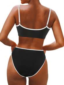 Black And White Color Block Thin-Strap High-Waisted Bikini Set With Triangle Bottoms, Stylish European-American Hot Girl Style - Đen và trắng - Xem 2