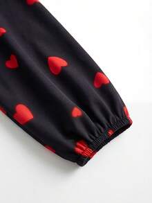 JTI Women's Sweet Bowknot Decor Round Neck Long Sleeve Heart Print A-Line Waist Tie Hem Short Dress, Black Cute Girly Style, Suitable For Valentine's Day Date - Black - View 4