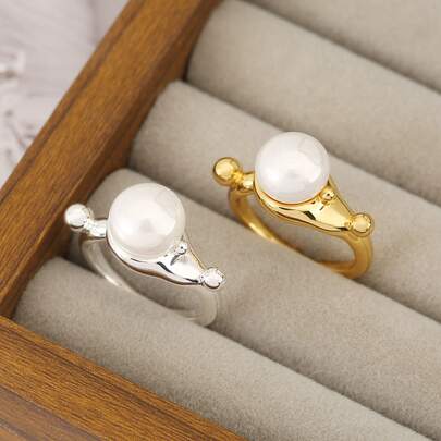 Anillo abierto con perlas falsas en tono dorado para mujeres - Accesorio de joyería lindo y elegante para damas