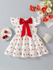 2-5岁女童樱桃印花纯棉公主裙，可爱时尚儿童夏季连衣裙 - 紅白色 - 查看 1