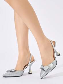 Sapatos de Salto Alto Bico Fino Femininos com Decoração de Laço, Design Sem Parte Traseira de Cor Sólida, Elegante e Confortável para Festa, Banquete, Noite, Baile, Vestido, Casual, Encontro, Presente de Aniversário, Adequado para Primavera, Verão, Outono, Inverno, Salto Alto Prateado - Prata - Visão 3