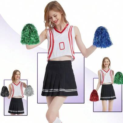 Cheerleading Holding Fluffy Ball Ribbon Pom Poms With Plastic Handles Lightweight Flower Ball Cheer Pomoms For Adults Girls Boys Cheerleader Cheer Dance Hand Flower Pom Pom For Basketball Gymnastics Competitions Team Spirit Sports Dance Cheer Stuff Dance Performance Props