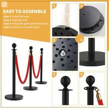 Barandillas con Cuerdas de Terciopelo Negro + Alfombra Roja de 26 Pies, Postes de Acero Inoxidable para Control de Multitudes, Ideal para Bodas y Eventos - 8 - Ver 6