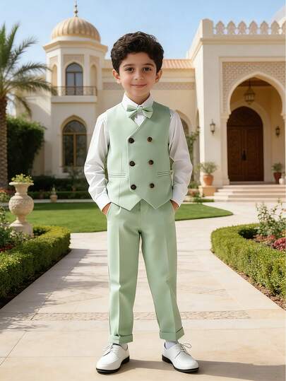 3pcs Kids Performance Outfit Set, Boys Formal Suit, Pageboy Outfit For Wedding, Banquet, British Style (Vest + Pants + Bow Tie)