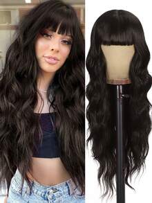 Peluca larga rizada y ondulada con flequillo, peluca sintética amigable para principiantes, resistente al calor, elegante para uso diario, pelucas para mujeres (colores de cabello: negro, marrón) - Multicolor - Ver 10
