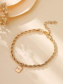 1pc Vintage Twisted Golden Rope Chain Rectangular Cubic Zirconia Pendant Anklet - Yellow Gold - View 2