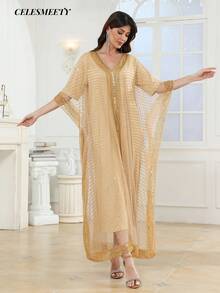 Luxury Women's V-Neck Sequin Beaded Embroidered Arabic Abaya