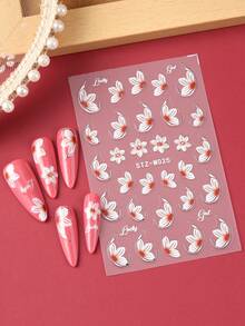 2片装白色花朵美甲贴纸，优雅兰花、山茶花、白色花瓣设计、百合花，适合春夏婚礼美甲DIY，女士及女孩适用 - 彩色 - 查看 6