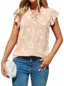Summer Boho V Neck Floral Ruffle Cute Sweet Casual Beach Vacation Outfits Blouse - Màu be - Xem 1