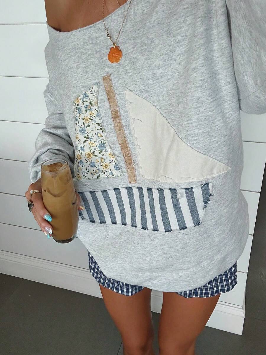 1pcs 3d Pattern Patch Off-Shoulder Long-Sleeved Sweatshirt, Sailboat Pattern, Frayed Edge One-Shoulder Pullover, Spring SummerNew Style, Women's Clothing - Grey - View 1