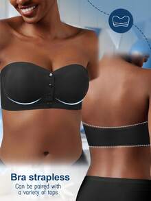 Black Glossy Push-Up Bra, Bandeau Style Design, Front Opening, Strapless, Lifting And Shaping Bust, Breathable And Stylish Back Design, Suitable For Daily Wear - Black - View 5