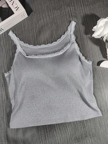 女士休闲灰色无袖背心，针织吊带衫，带胸垫，荷叶边下摆性感短款背心，简约运动健身服 - 灰色 - 查看 7