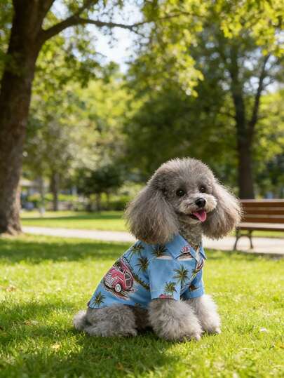 Pet Clothes, Pet Hawaiian Style Short Sleeve Shirt, Vintage Car & Palm Tree Print, Lightweight & Breathable Summer Outfit For Cats & Dogs