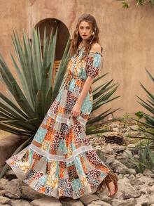 Faeriesty 优雅女士露肩拼接长款连衣裙：波西米亚风印花连衣裙，泡泡袖，荷叶边下摆，收腰设计，轻盈蕾丝饰边——完美适用于花园婚礼、新娘写真、私奔、浪漫之旅、波西米亚主题夏季活动 - 彩色 - 查看 2