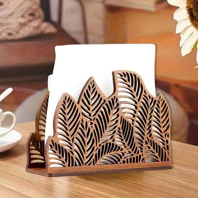 1 pieza Soporte de servilletas de madera con corte láser elegante - Diseño de hoja vintage, veta de madera natural, decoración de escritorio con estilo, adecuado para cocina y comedor, accesorio de decoración del hogar, decoración de cocina