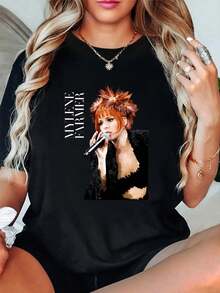 100% Cotton Mylene Farmer Singing With Microphone T-Shirt Round Neck Short Sleeve Streetwear Fashion Breathable Homme Soft Unisex Designer Clothes For Women Casual Clothes - 黑色 - 查看 5