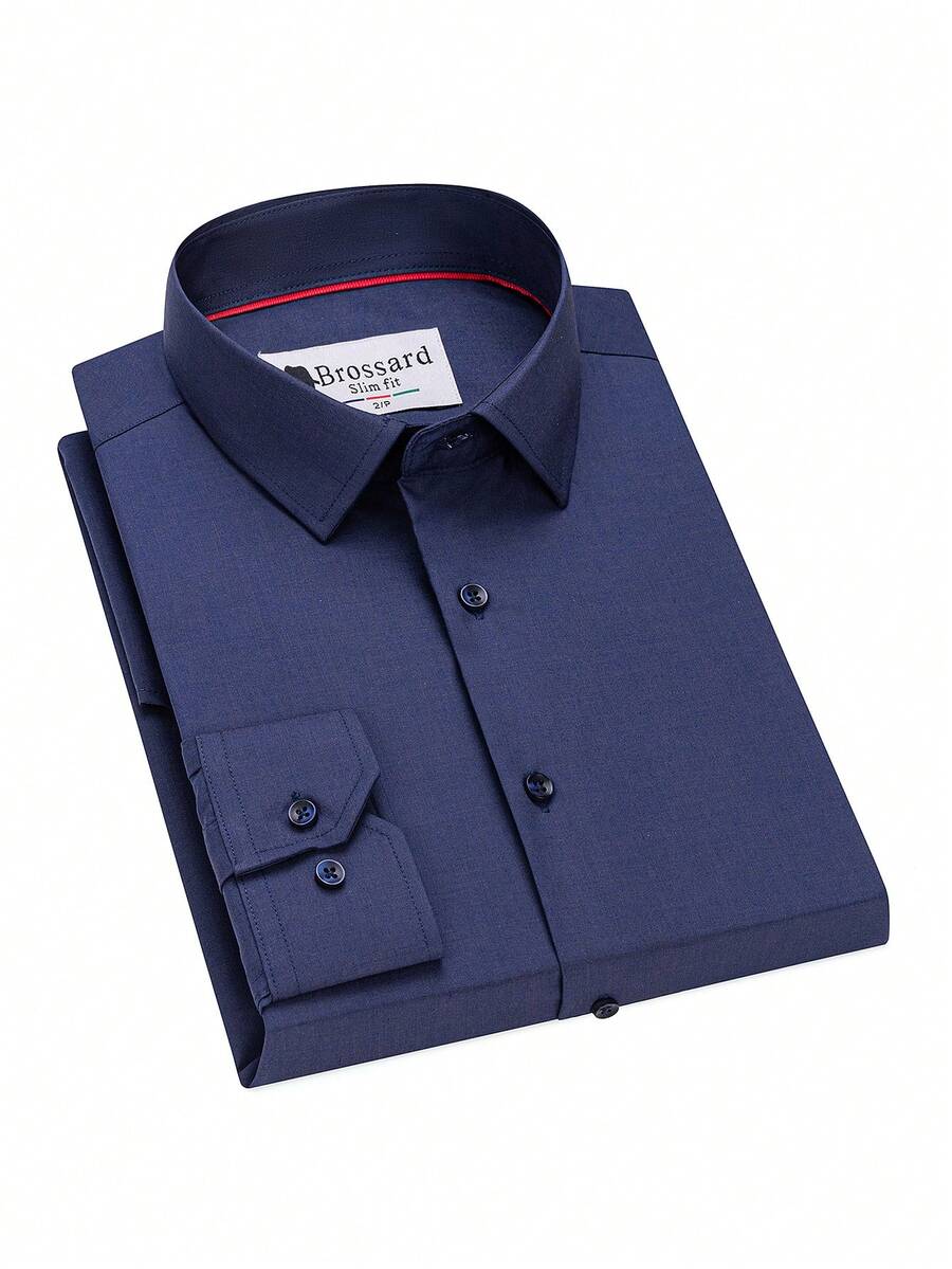 Men's Business Dress Shirts, 38% Bamboo Fiber, 62% Polyamide, Long-Sleeved, No-Iron, With A Slim Fit. Bamboo Fiber: Offers Good Moisture Absorption And Breathability, Is Comfortable To Wear And Naturally Antibacterial. It Is Wear-Resistant And Firm, Making The Shirt Less Prone To Deformation. - Màu xanh hải quân - Xem 1