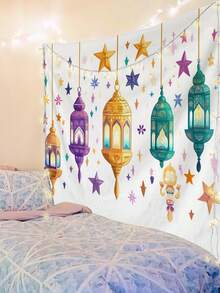 1件开斋节图案印花挂毯，大尺寸装饰挂布，家居装饰，节日礼物，派对装饰，直播背景，适用于客厅和酒店，带安装袋（含配件） - 彩色 - 查看 5