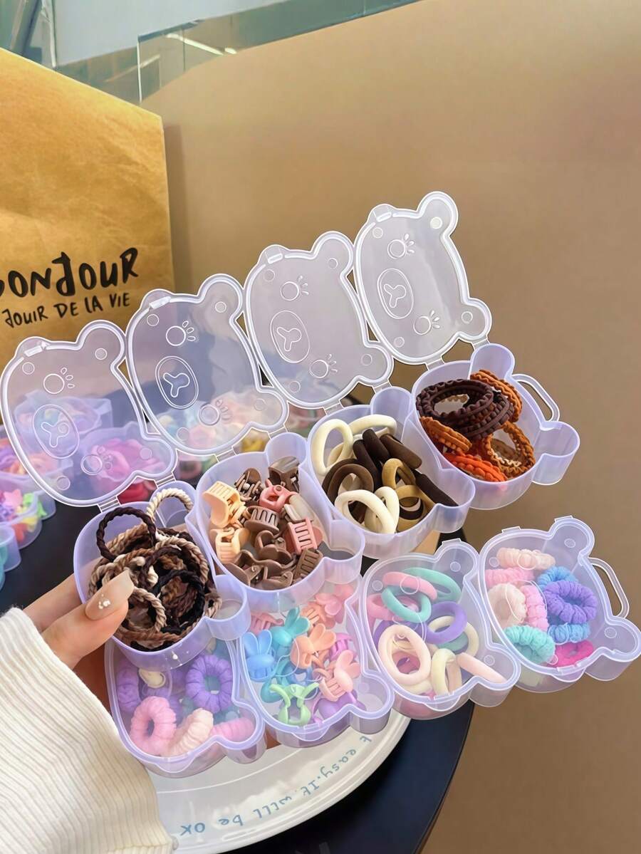 2个/1个多功能发圈收纳盒，透明塑料材质，带隔层和锁扣盖，心形和熊形首饰、糖果、珍珠、文具收纳盒，多功能家居收纳方案 - 彩色 - 查看 1