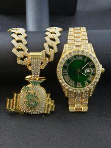 1 Set Fully Rhinestone Money Bag Pendant 15mm Diamond Cuban Link Necklace Bracelet, Men's Green Dial Watch, Hip Hop Style Men Accessory Set