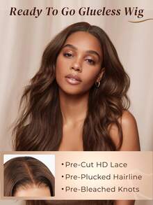 棕色无胶假发，真人发，预先拔毛，预先剪裁，6x5巧克力棕色蕾丝前假发，200%密度，佩戴方便，棕色真人发假发，26英寸，女士款 - S4 - 查看 4