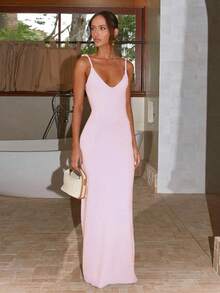 Women's Twisted Straps Bodycon Long Maxi Dress Summer Sleeveless Spaghetti Straps Slim Fit Deep V-Neck Backless Cami Dress Party Clubwear Holiday Beachwear Solid Color Tank Dress Sundress - 淺粉色 - 查看 1
