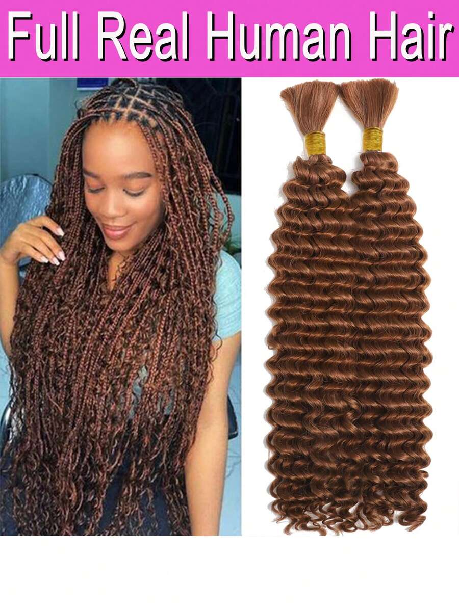 Light Brown Deep Wave Human Braiding Hair Boho Braids 120g/Pack Human Hair Deep Water Wave Bulk Human Hair Bundles For Braiding No Weft 15A Brazilian Virgin Curly Human Hair Extensions Wet And Wavy Braiding Hair For Party, Cosplay, Daily Use - S30 - 查看 1