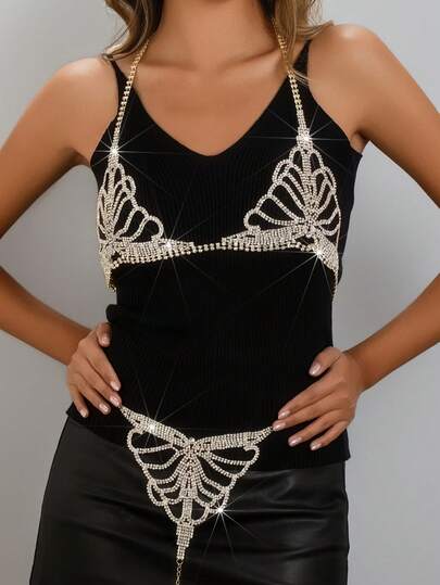 Fashionable Hollow Crystal Bling Floral Bra And Shorts Set, Party Bikini Body Jewelry, Intimate Apparel Accessories