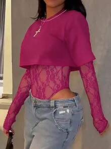 Cropped Top Sexy e Transparente de Renda de Manga Curta para Mulheres, Bodysuit Sexy de Renda Sólida e Recortes Transparentes para Uso Diário, Encontros, Festas, Apresentações, Primavera/Verão Elegante - Pink - Visão 6