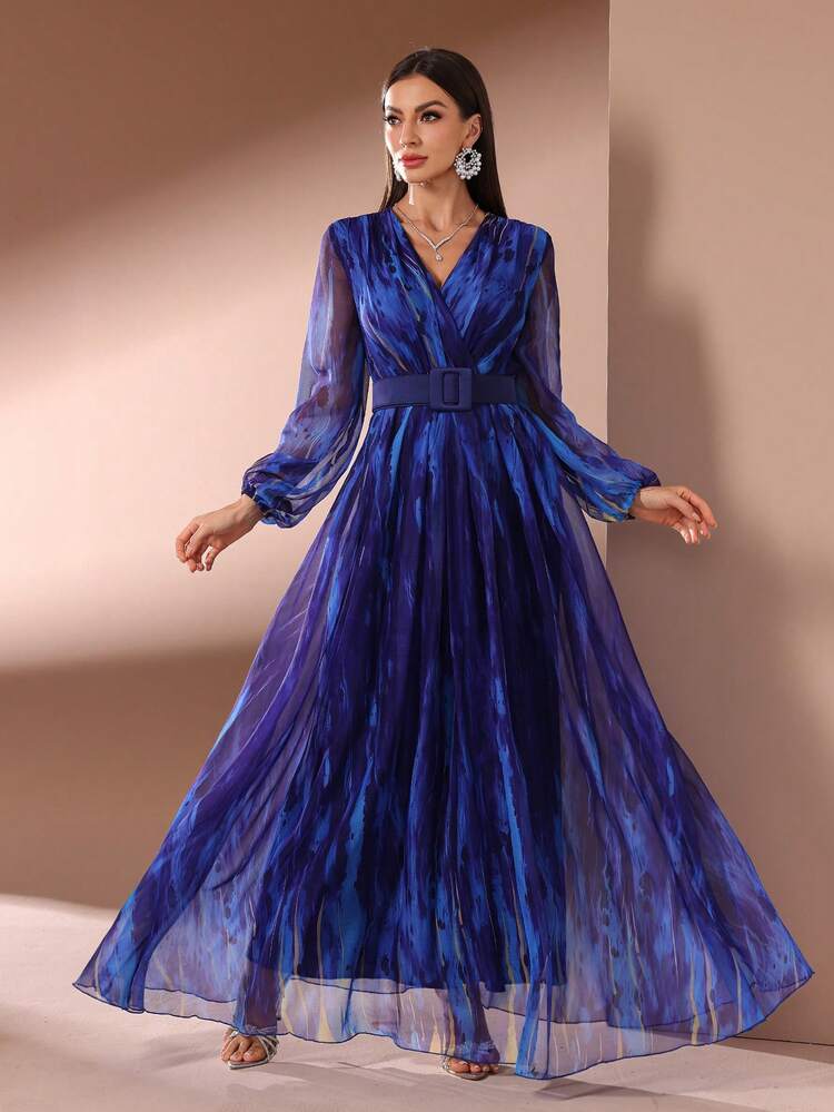 Vestido largo de manga larga con cuello en V minimalista de uso diario con malla (patrón floral de corte aleatorio) elegante para vacaciones de primavera - Azul - Añade 3
