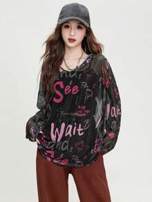 JUTU Black Hooded Loose Letter Print Fashionable Coverup, Stylish Breathable Mesh Casual Top For Summer 2026 Spring - 0B01 Black - View 2