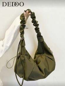 1pc Nylon Fabric Multi-Pocket Dumpling Crossbody Bag, Women Casual Pleated Drawstring Shoulder Bag, Slouchy Bohemian Hobo Bag - 軍綠色 - 查看 1
