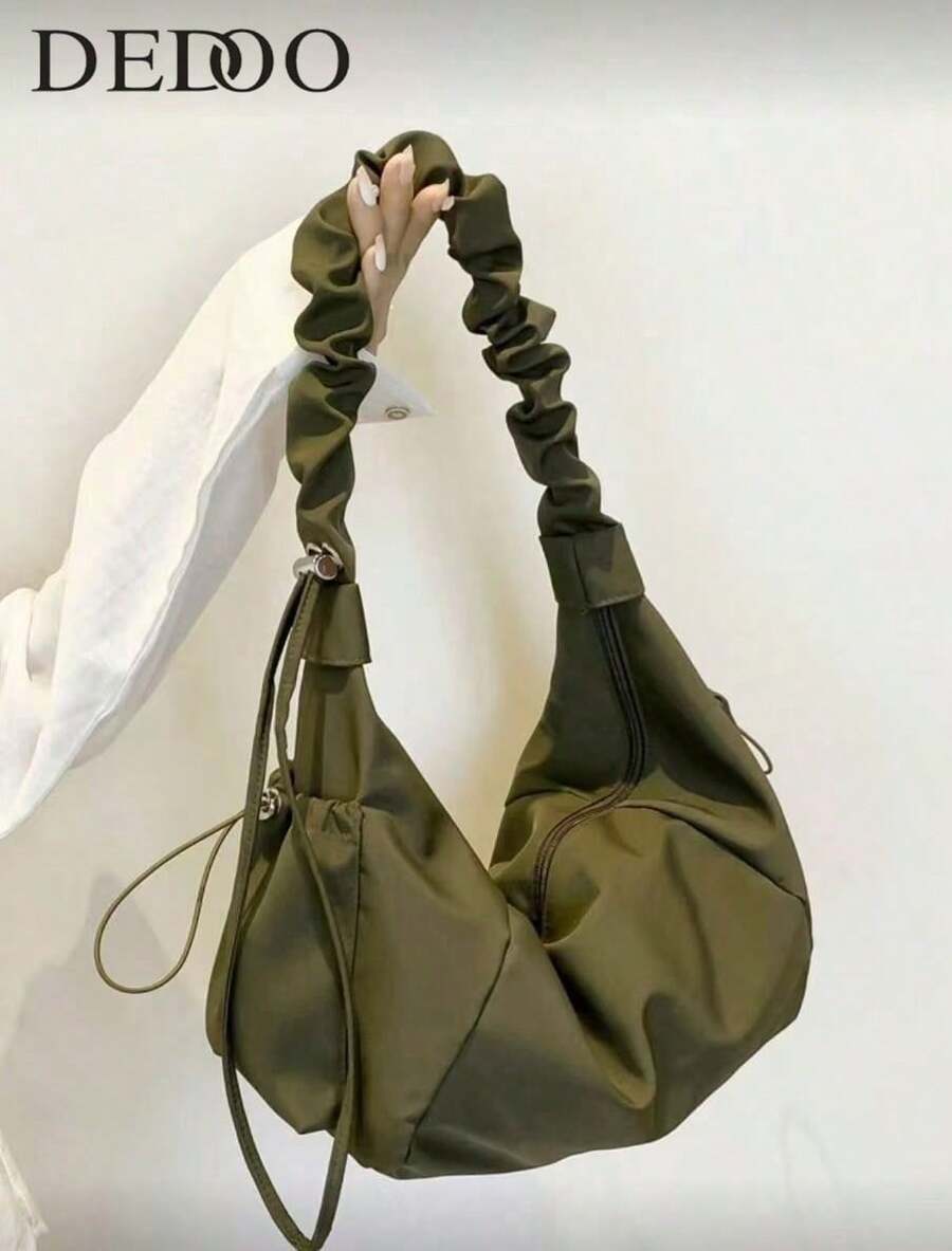 1pc Nylon Fabric Multi-Pocket Dumpling Crossbody Bag, Women Casual Pleated Drawstring Shoulder Bag, Slouchy Bohemian Hobo Bag - 軍綠色 - 查看 1