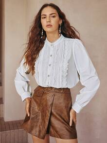 Women's Spring New Lace Trim Front Button Elegant Long Sleeve Blouse - White - View 4