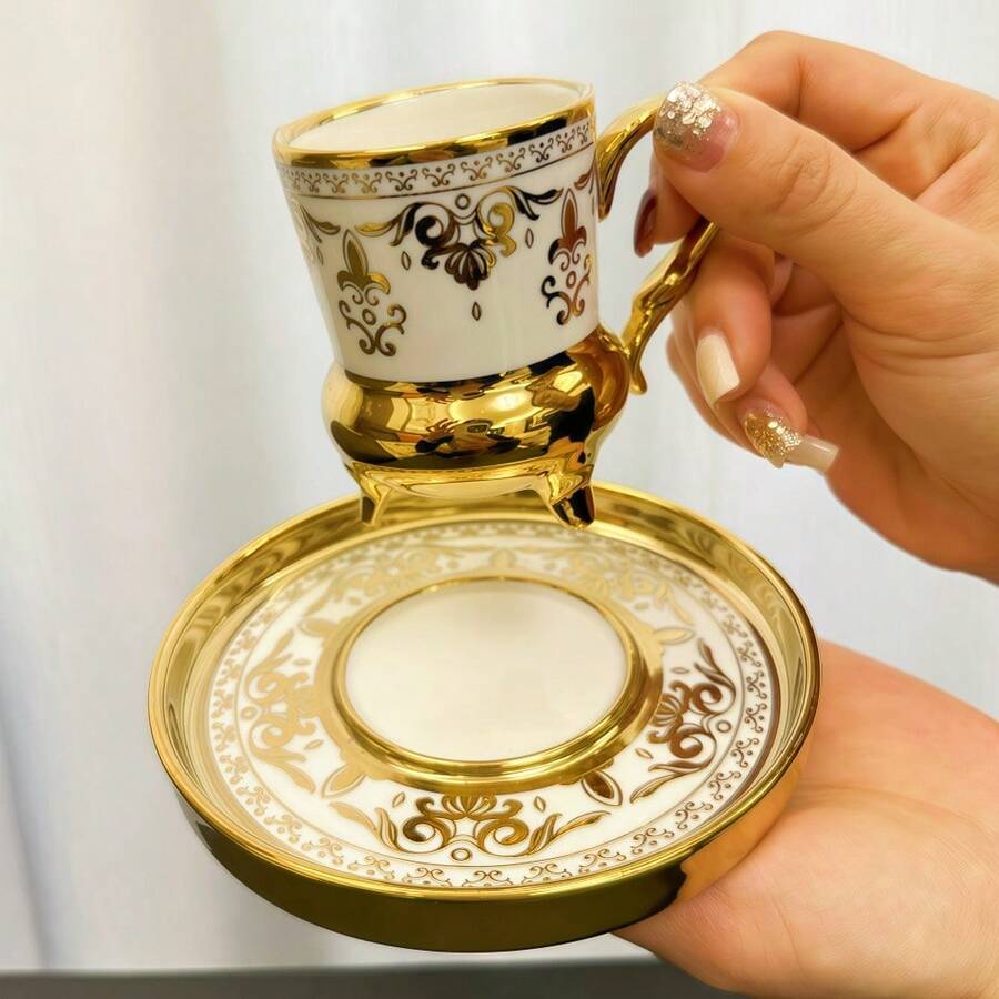 1/6pcs Set Luxury Embossed Floral Gold Rim Ceramic Coffee Cup & Saucer Set, 90ml/3.04oz Arabic Style Gold Rim Suitable For Cappuccino, Latte, Mocha, Milk, Double Espresso, Elegant Home Decor, Office, Kitchen, Perfect Gift For Christmas, Valentine's Day, Ramadan - Gift For Her/Him