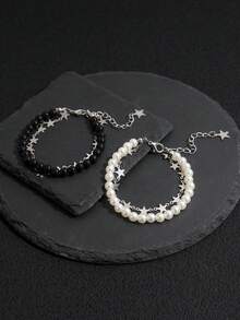 2pcs Handmade Beaded Black & White Star Sequin Stackable Bracelets, Minimalist Couples Everyday Wear - Black and White - View 5
