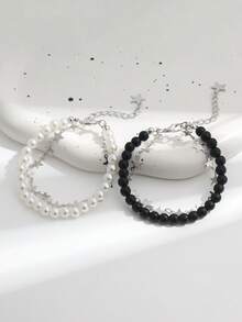2pcs Handmade Beaded Black & White Star Sequin Stackable Bracelets, Minimalist Couples Everyday Wear - Black and White - View 4