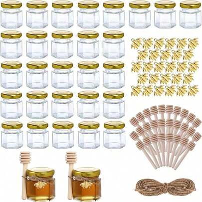Mini Tarros de Miel de Vidrio de 1,5 oz,Paquete de 30 Tarros Pequeños Hexagonales con Tapas Doradas para Miel, Especias, Mermelada y Velas, Ideal Tarros de Miel para Recuerditos de Boda