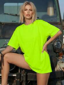 Camiseta de mujer minimalista y fresca, de manga corta, cuello redondo, unicolor y holgada, adecuada para primavera y verano casual - Verde - Ver 7