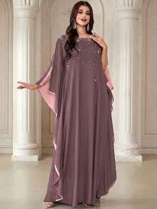 Women's Round Neck Contrast Color Design Pearl Detail Soft Comfortable Long Arabic Abaya, Suitable For Festivals, Daily Wear And Multiple Occasions Spring - Redwood - View 7