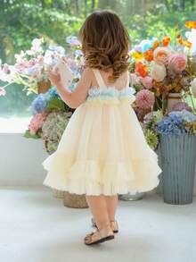 女婴蝴蝶结网眼公主派对礼服，适合儿童生日、花童、婚礼、庆典、派对、节日庆典 - 杏色 - 查看 5