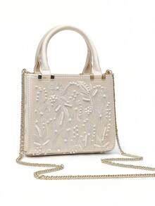 SATIN EFFECT PEARL BAG, Women's Mini Handbag, Women's Crossbody Bag With Chain Strap, Fashionable Small Tote Bag Ladies Luxury Designer Purses, Bags For Ladies Fashionable - White - View 3