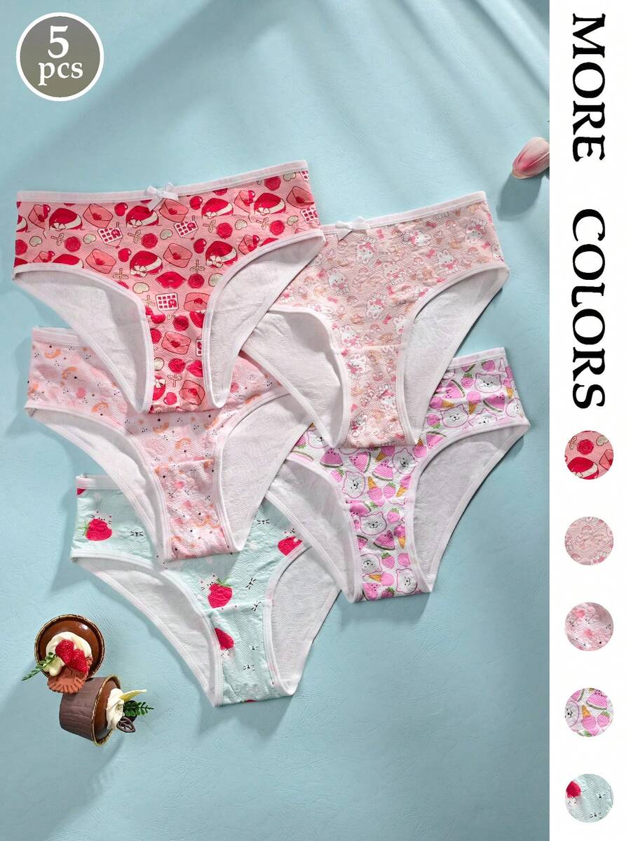 Paquete de 5 bragas de mujer con estampados lindos de Aesletic, como fresa, conejo y otros patrones adorables, con diseño de moño, de tela suave, para uso diario - Multicolor - Ver 1