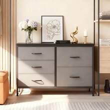 5 Drawer Dresser Bedroom, 39.4 Fabric Chest Of Drawers With Wooden Top, Storage Organizer Closet, Hallway & Living Room, Rustic Brown - Gray - 查看 1