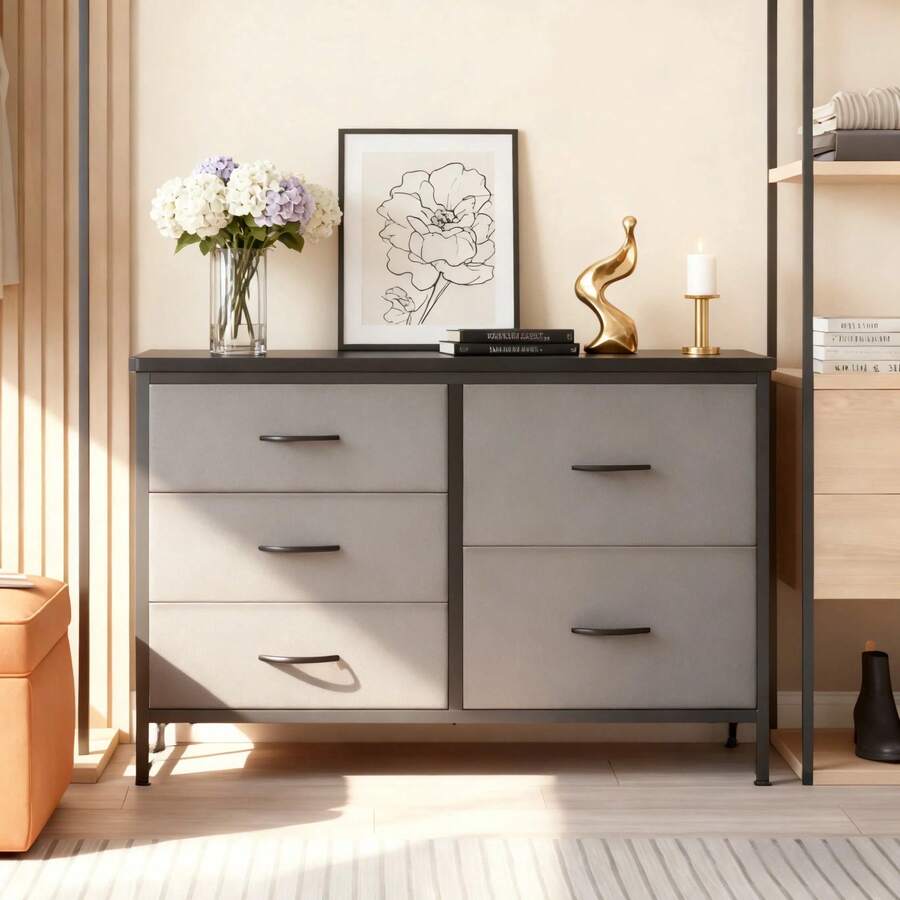 5 Drawer Dresser Bedroom, 39.4 Fabric Chest Of Drawers With Wooden Top, Storage Organizer Closet, Hallway & Living Room, Rustic Brown - Gray - 查看 1