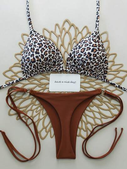 Set de 2 piezas Bikini sexy con estampado de leopardo y anudado delantero y espalda descubierta para mujeres, para vacaciones, playa, escenario y concierto, verano