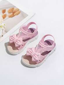 1 par de sandalias casuales de moda con lazo y strass para niñas, de suela blanda y antideslizante, con cierre de gancho y bucle, punta abierta y plana, ideales para el verano - Morado - Ver 3