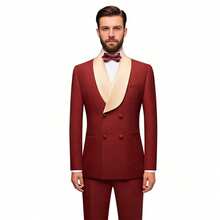 Men's Suit Shawl Lapel Double-Breasted Blazer & Pant Set - Formal 2-Piece Tuxedo With Wafer Knit Texture For Weddings & Black Tie Events - 酒紅色 - 查看 12
